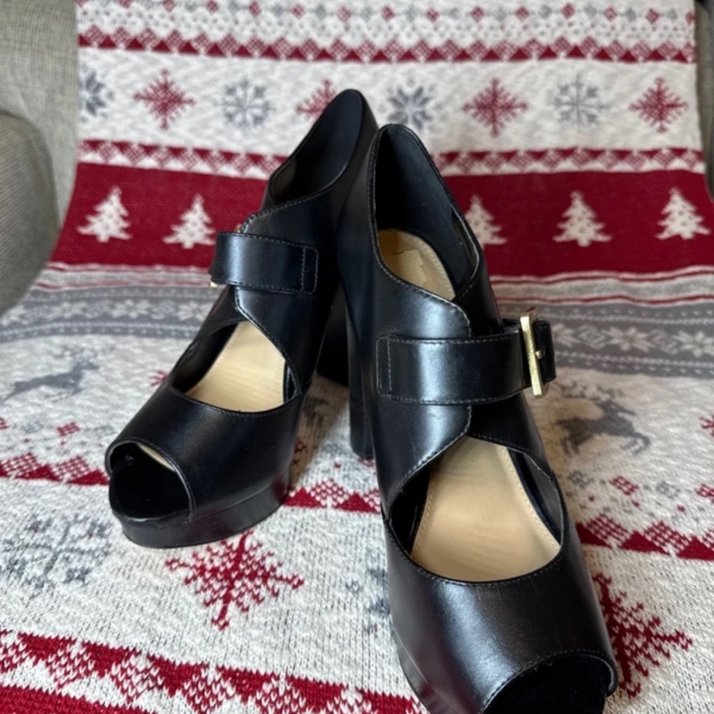 Michael Kors Black Peep-Toe Heels with Buckle
